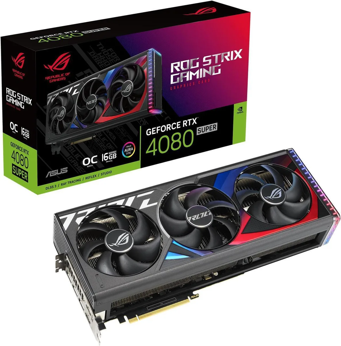Large triple-fan graphics card with silver metal shroud and backplate, thick 3.5-slot cooler profile