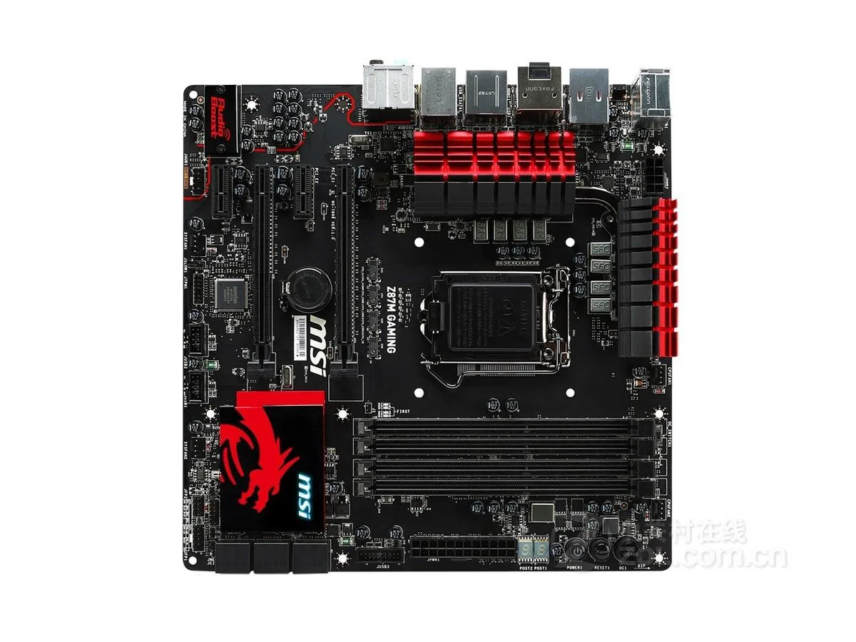 Green micro-ATX board with black heatsinks and red accents, LGA 1150 socket, four DDR3 slots, two long PCIe slots