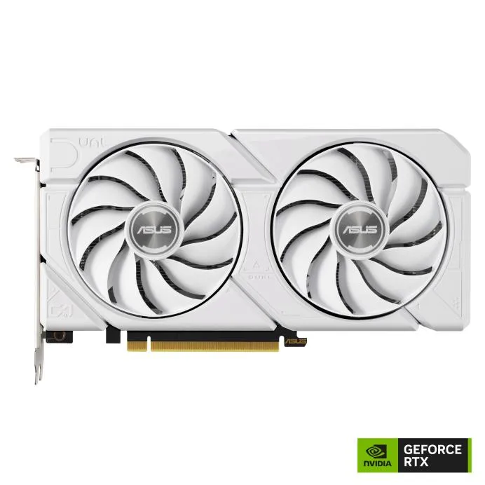 White dual-fan graphics card with silver backplate and PCIe 4.0 x8 edge connector