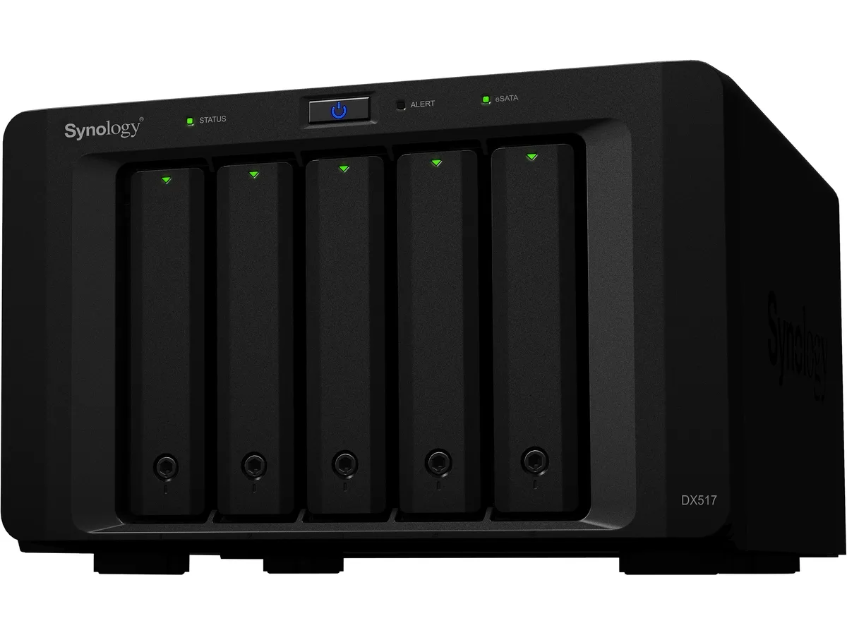 Rectangular black desktop unit with five front drive bays and eSATA port at rear