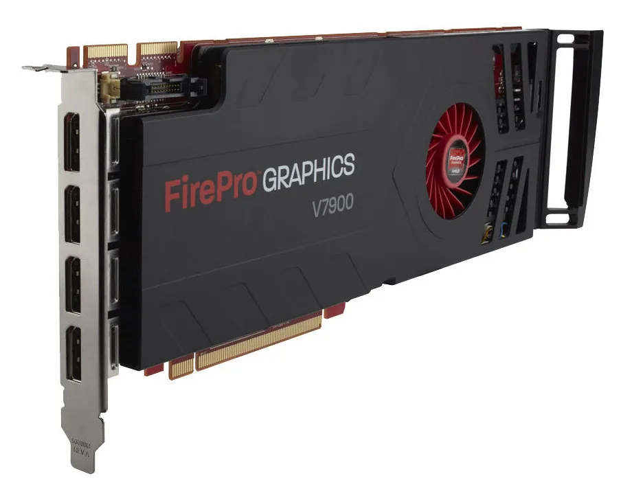 AMD FirePro V7900 graphics card, single-slot, black PCB with silver bracket, four DisplayPort outputs, one six-pin power connector