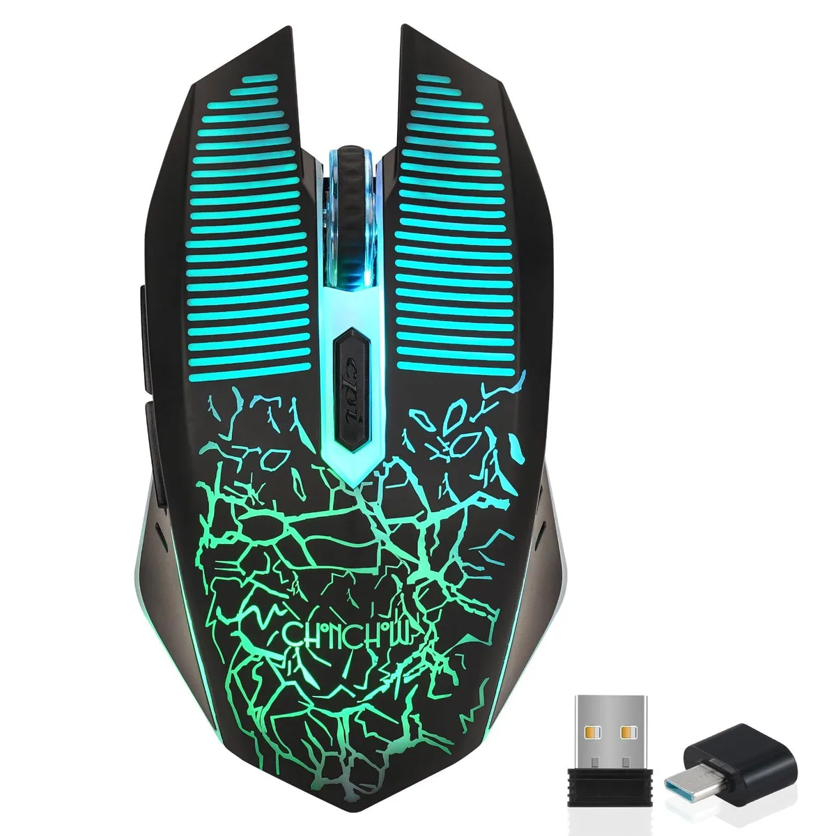 Black right-hand wireless gaming mouse with RGB lighting and textured grip area