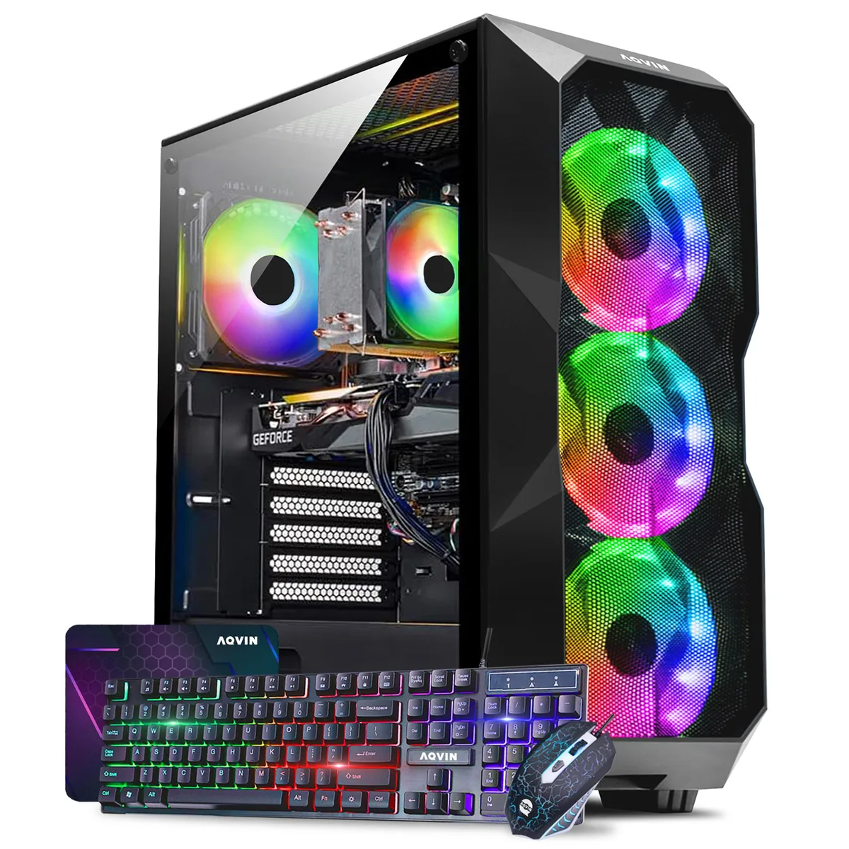 Black tower gaming PC with side panel window, RGB keyboard and mouse