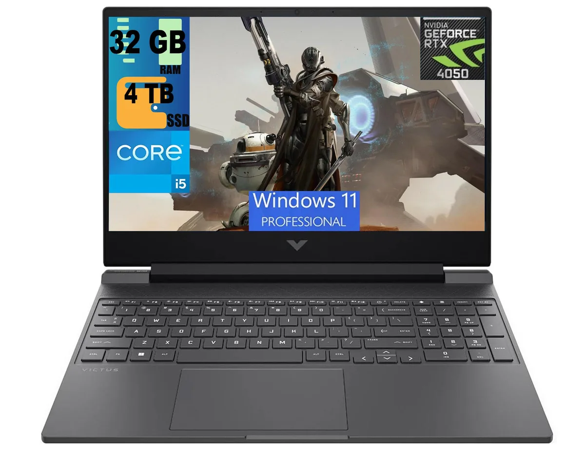 Black 15.6 inch gaming laptop with thin bezel display and backlit keyboard
