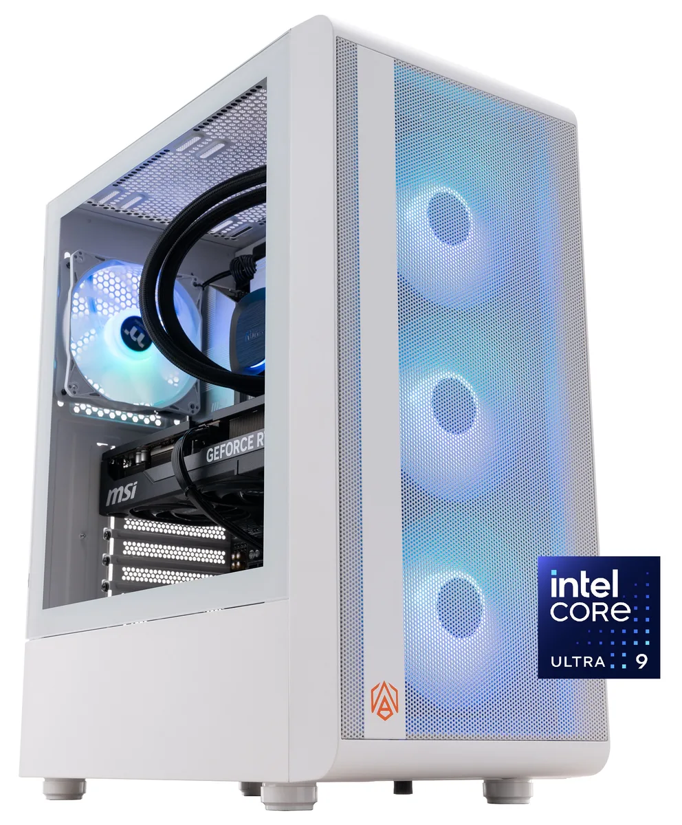 White mid-tower chassis with 360mm liquid cooler visible inside