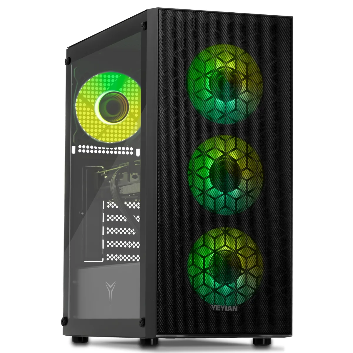 Mid-tower gaming desktop in a dark case with ARGB fans and included keyboard and mouse