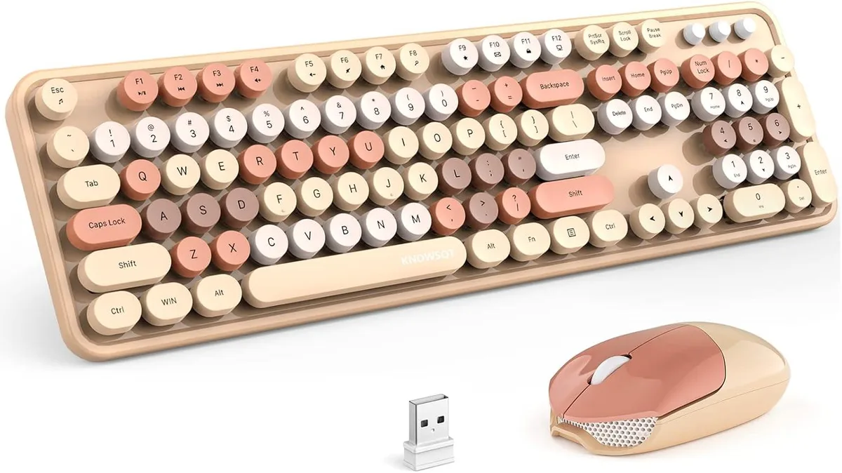 Milk tea colour full-size wireless keyboard and mouse set with round keycaps