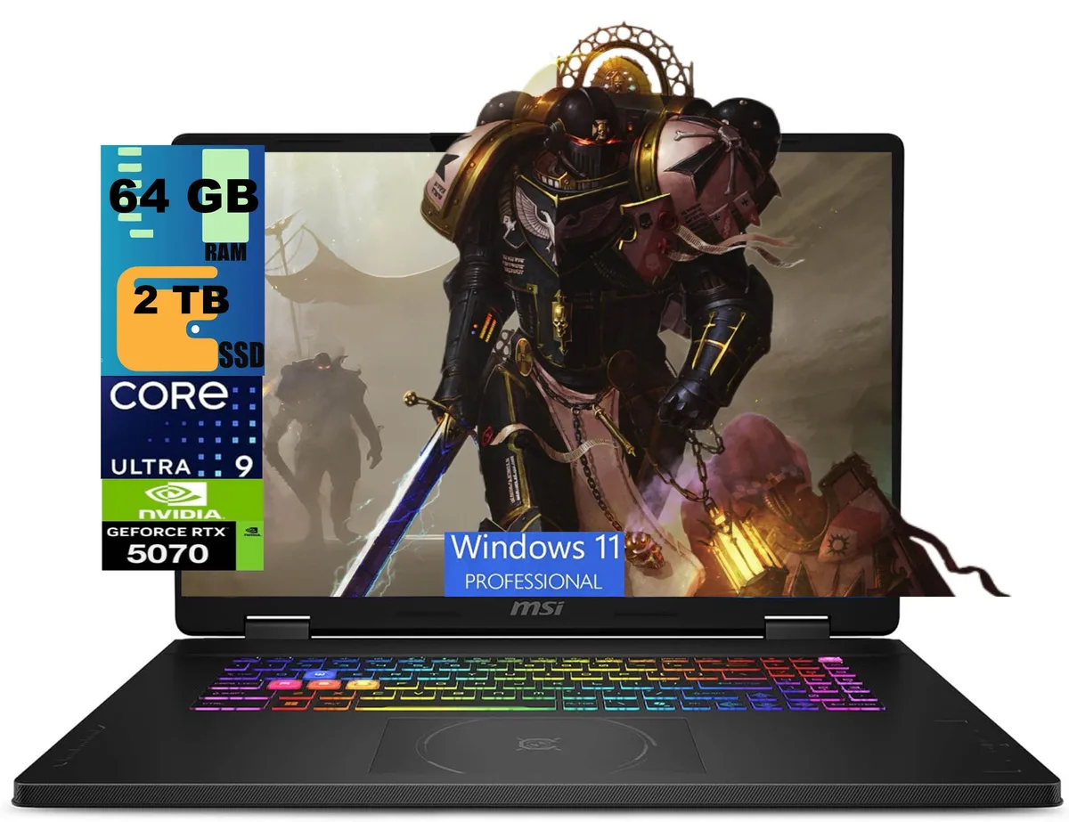 Black 18 inch gaming laptop with RGB keyboard and thin bezels