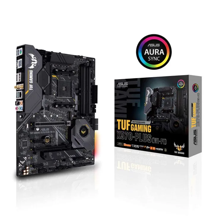 ATX motherboard dark finish with heatsinks and Wi-Fi antenna