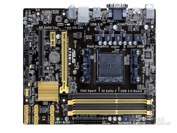 Green Micro ATX motherboard with black sockets and silver heatsinks