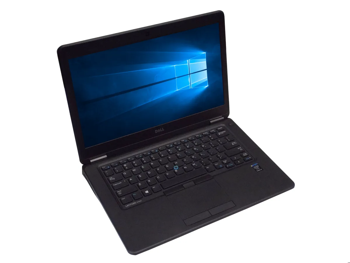 Black 14-inch Dell Latitude E7470 ultrabook with backlit keyboard and 720p webcam