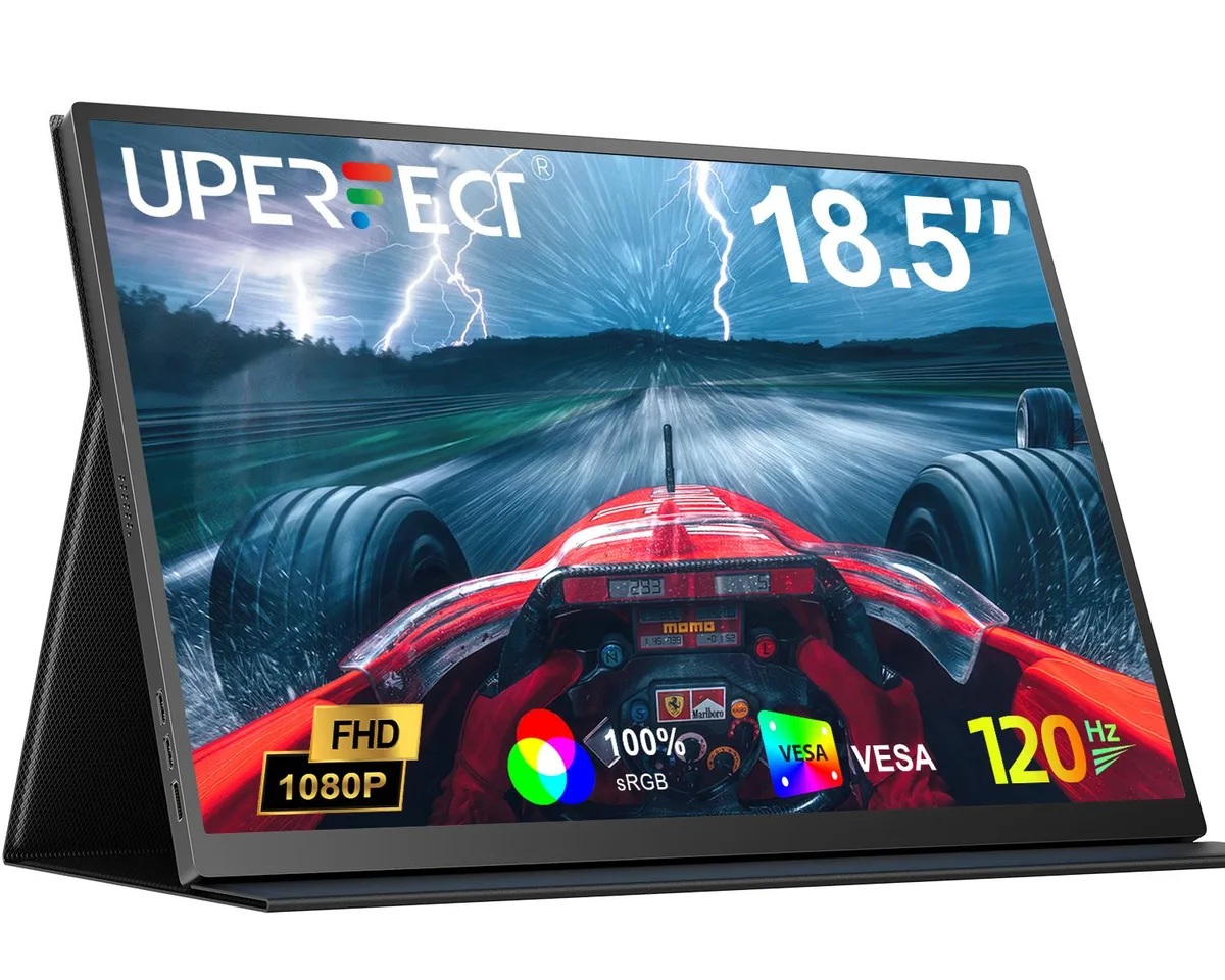 Black 18.5 inch portable gaming monitor with slim bezels, matte IPS screen and smart cover stand