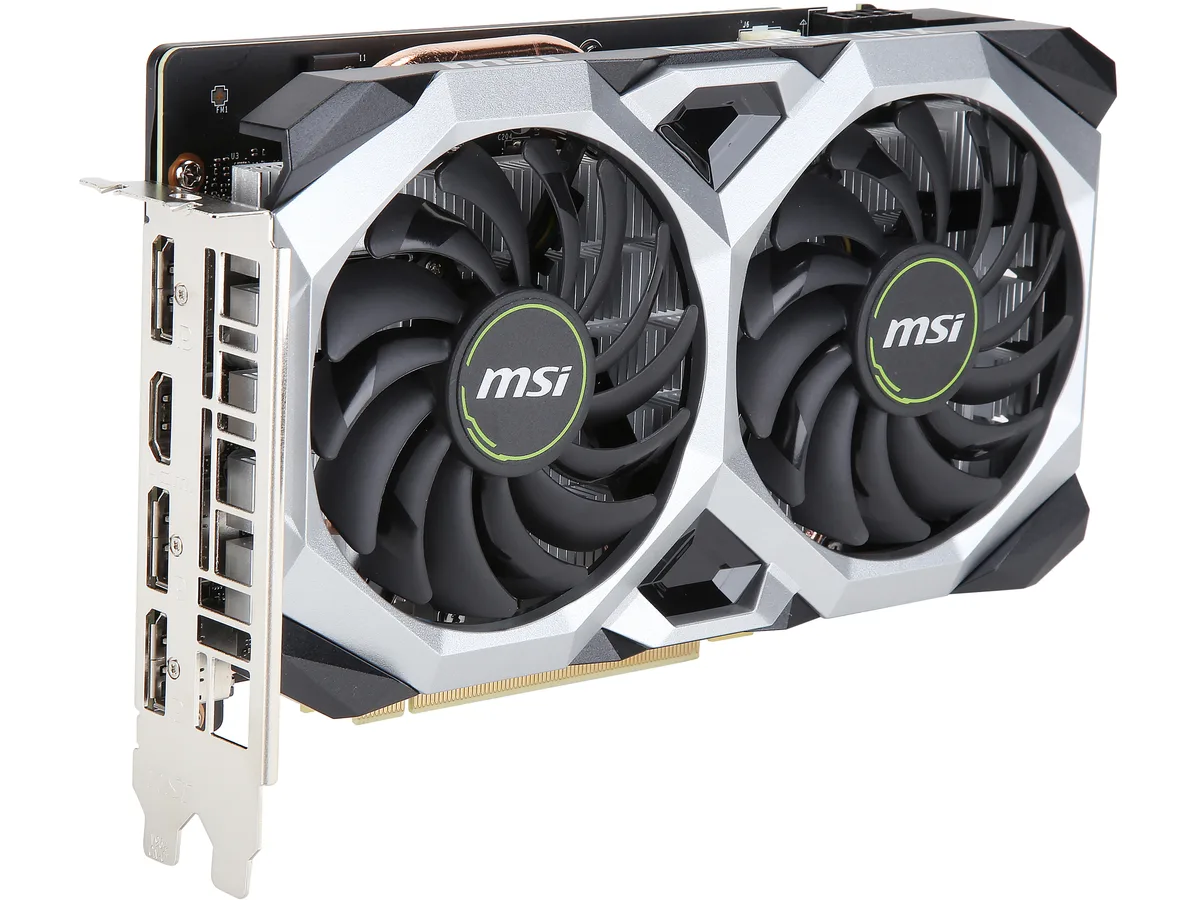 Dual-fan graphics card with black metal shroud and silver accents