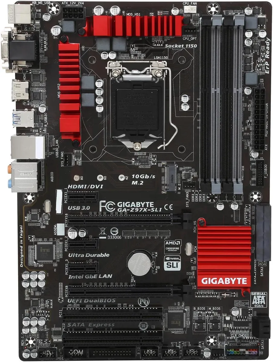ATX motherboard with black PCB and silver heatsinks