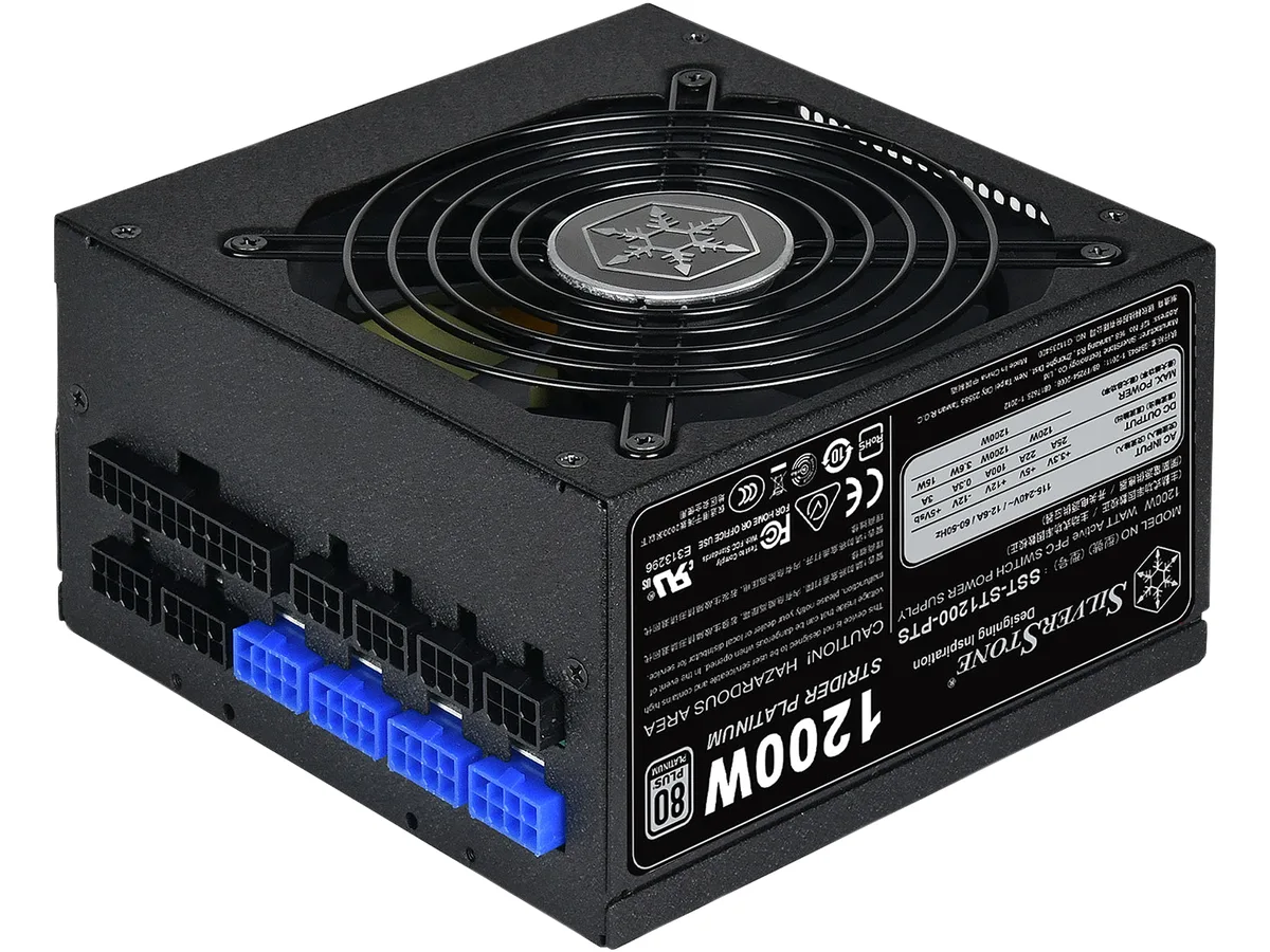 Silver rectangular ATX power supply unit with modular cable ports and single 120mm fan grille