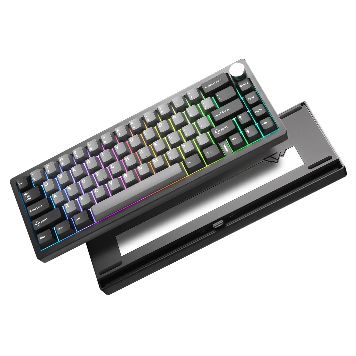 Black aluminium 65 percent mechanical keyboard with rotary knob and RGB backlighting