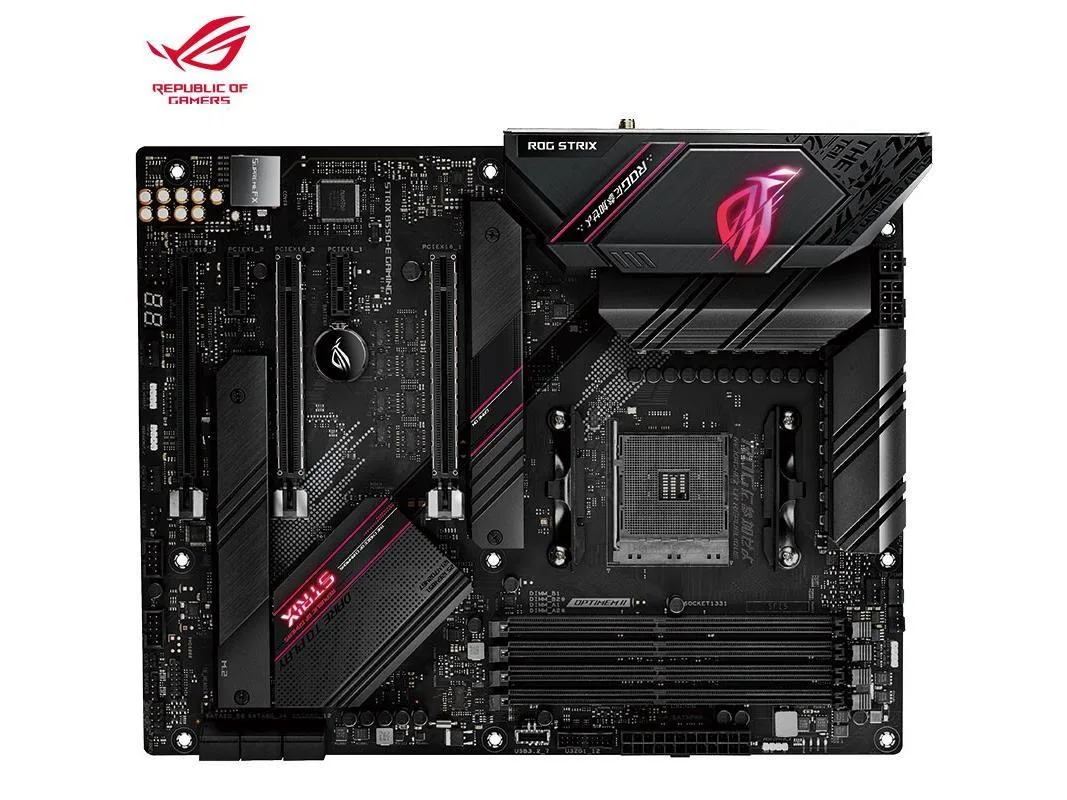 Black ATX motherboard with silver heatsinks and ROG branding