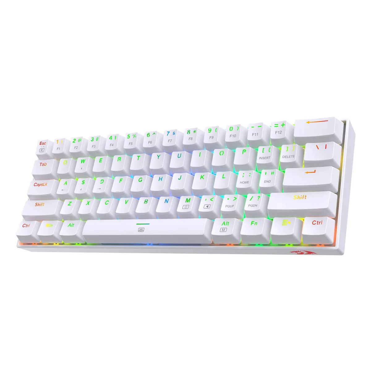 White compact 60 percent mechanical keyboard with red switches and RGB backlighting