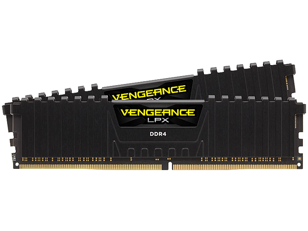 Two black low-profile DDR4 modules with anodized aluminum heat spreaders