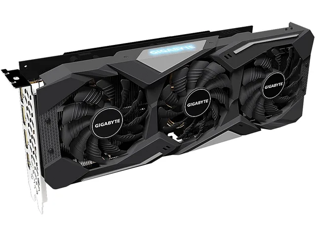 Black graphics card with three fans and metal backplate, ATX form factor