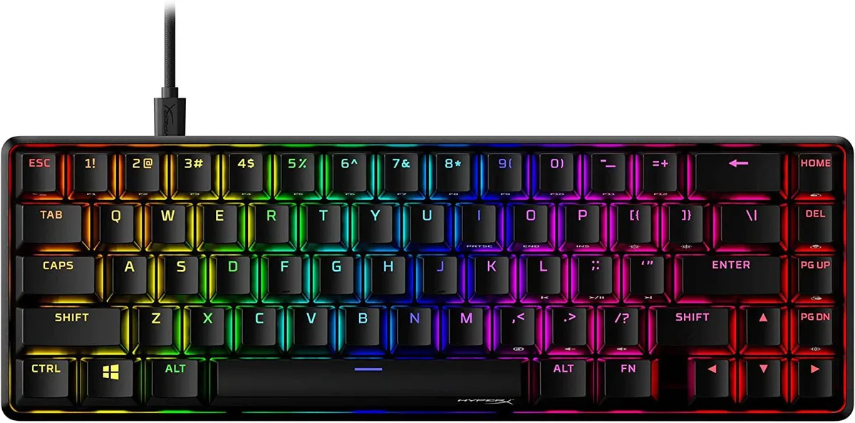 Compact black mechanical keyboard with aluminium frame and RGB backlit PBT keycaps