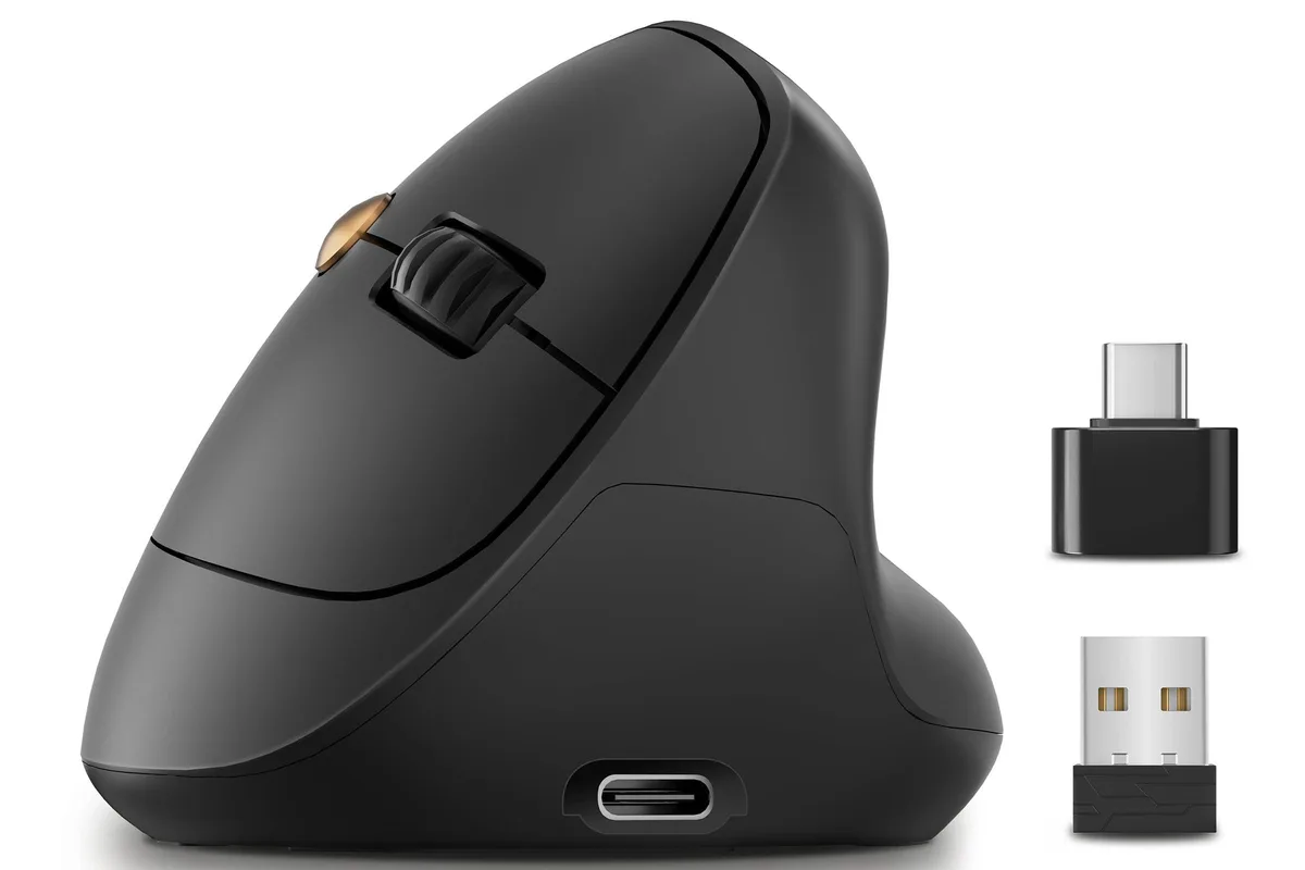 Black vertical wireless mouse with 57° ergonomic shape for right hand, six buttons, compact 86g body