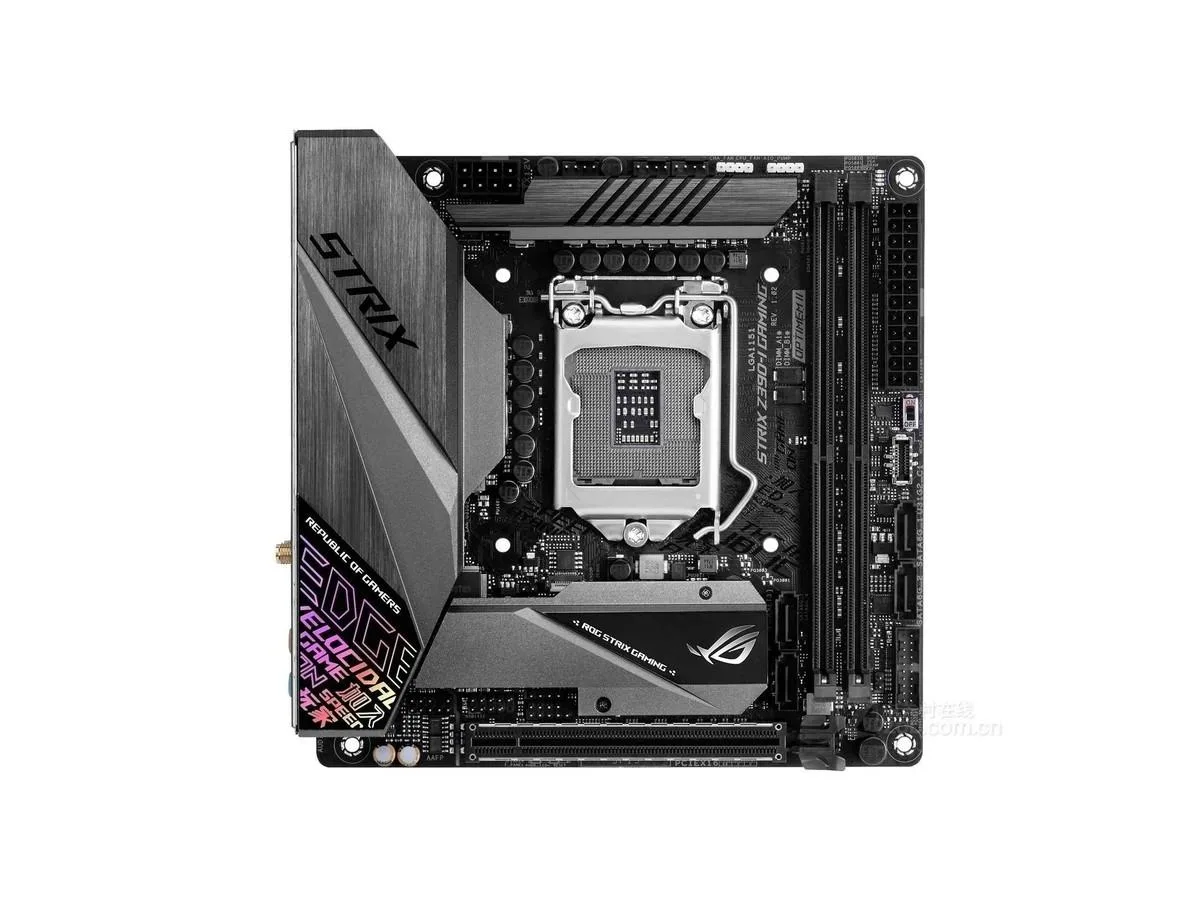 Compact Mini-ITX motherboard in dark finish with metal I/O shield and SATA cable