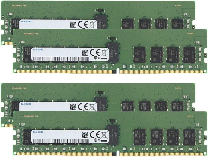 Four green DDR4 RDIMM modules with gold contacts and black chips
