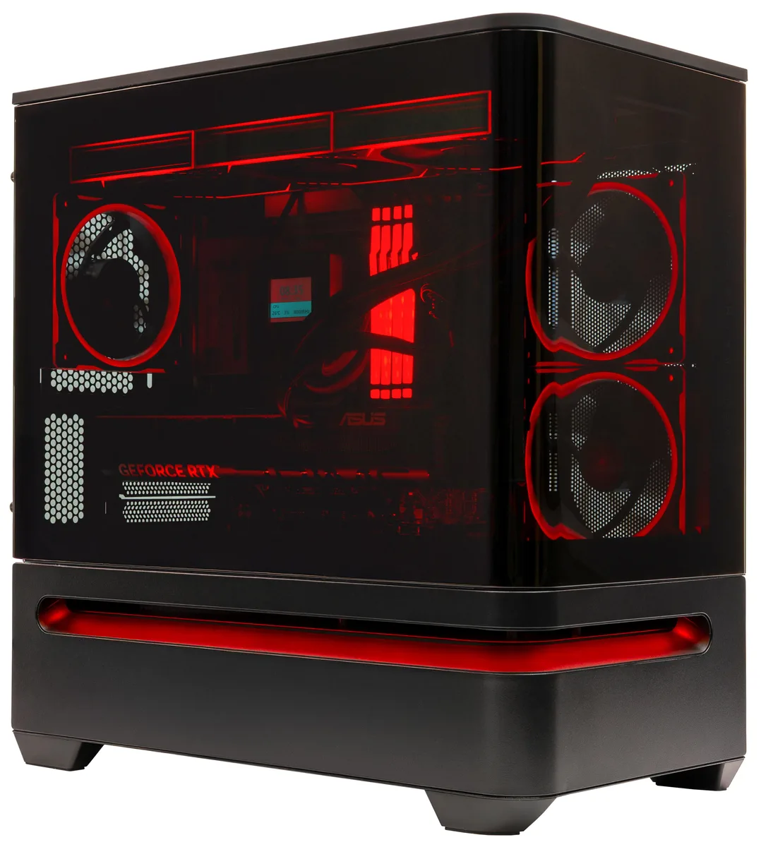 Black mid-tower gaming desktop with 360mm liquid cooler LCD and RGB lighting