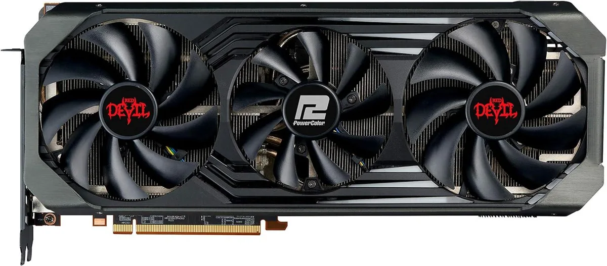 Red Devil graphics card with triple fans and red accents