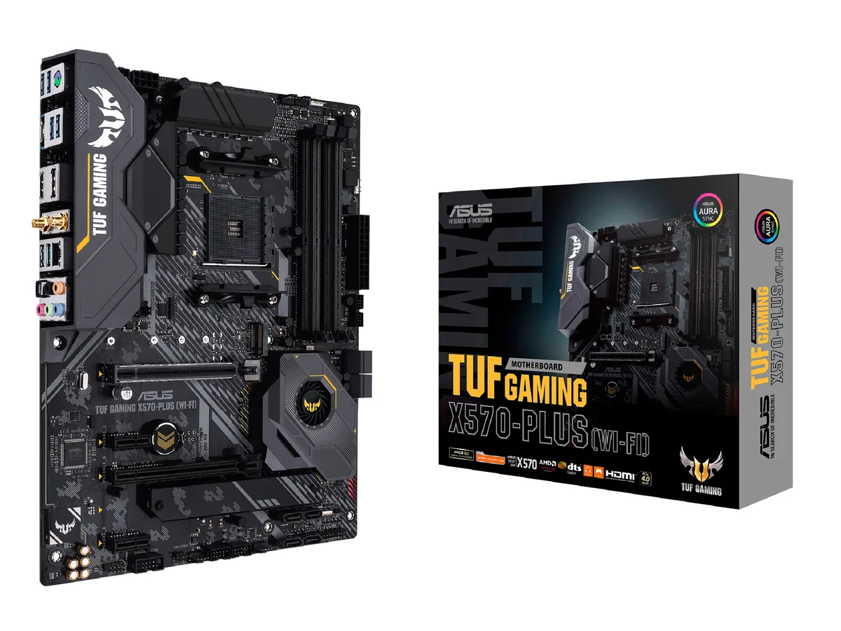 ATX motherboard in dark grey with metal heatsinks and RGB lighting