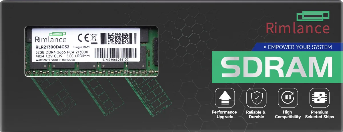 Green rectangular DDR4 server memory module with gold edge connectors and black chips