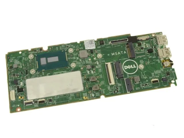 Green rectangular circuit board with silver processor and black memory chips