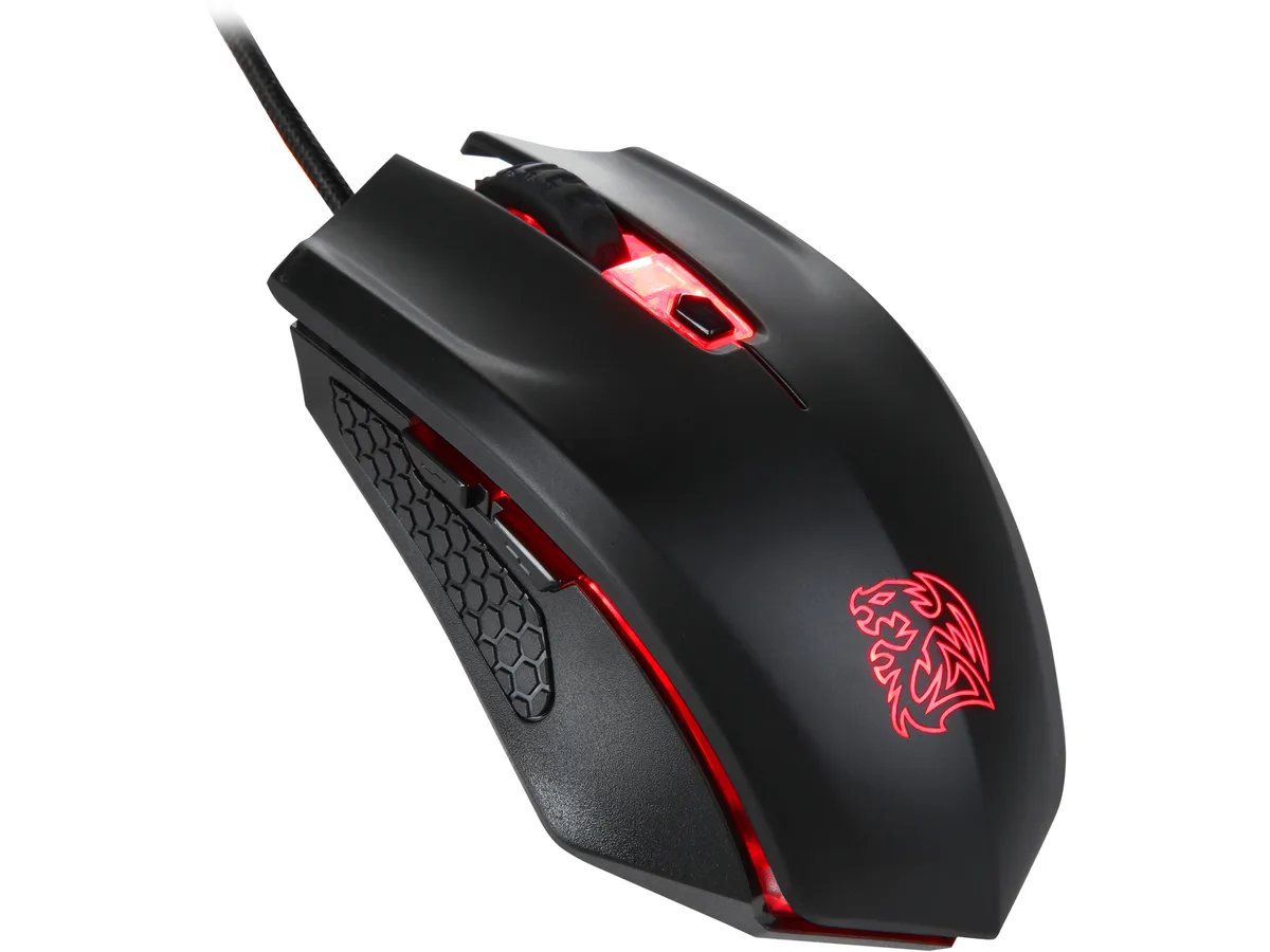 Black wired gaming mouse with six buttons and scroll wheel