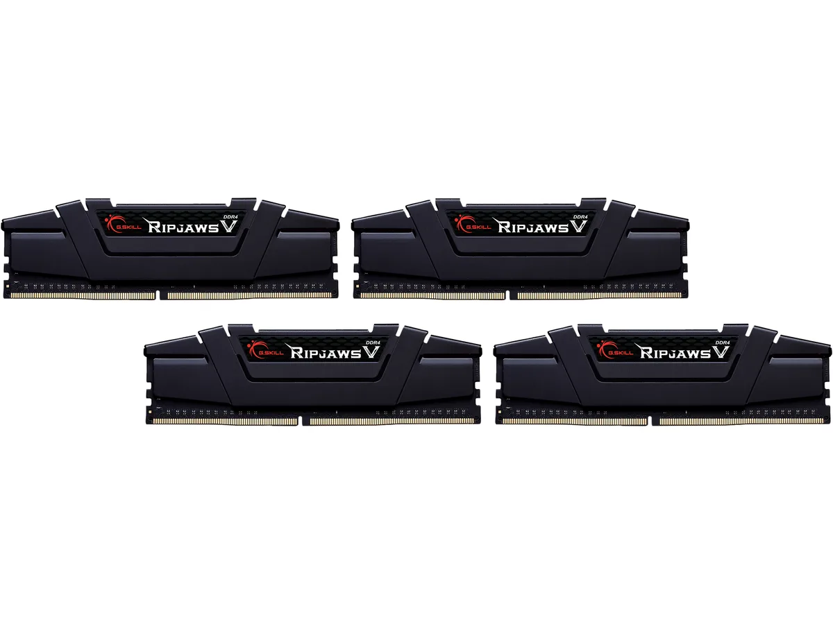 Four black DDR4 modules with aluminum heatspreaders