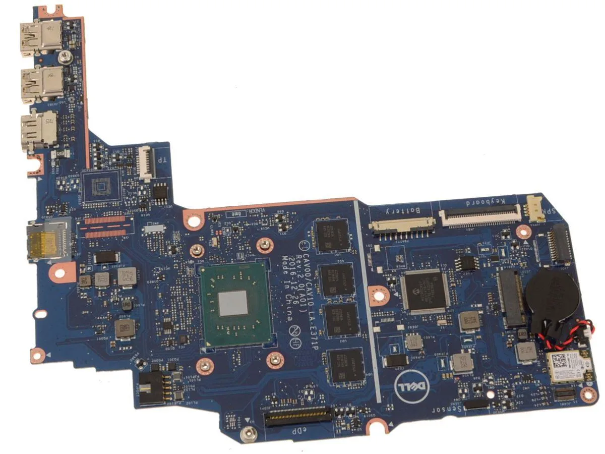 Green Dell Latitude 3189 system board with silver CPU and black memory chips
