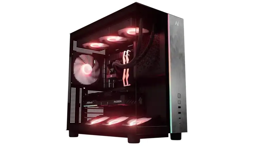 Black mid-tower desktop with liquid cooling and RGB lighting