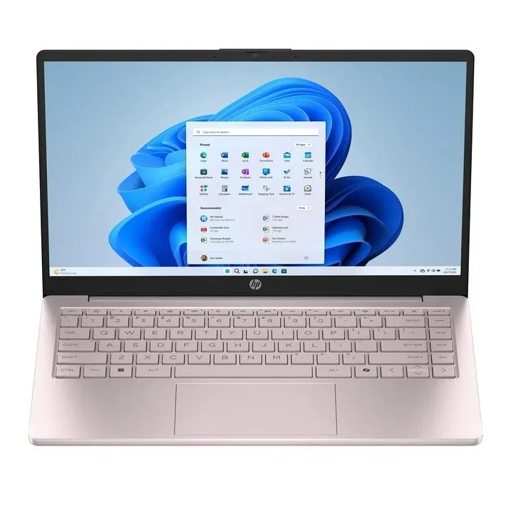 Tranquil pink 14-inch laptop, thin matte finish, open lid showing HD screen