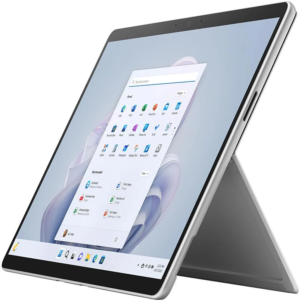 Silver Microsoft Surface Pro 9 tablet with kickstand and detachable keyboard cover