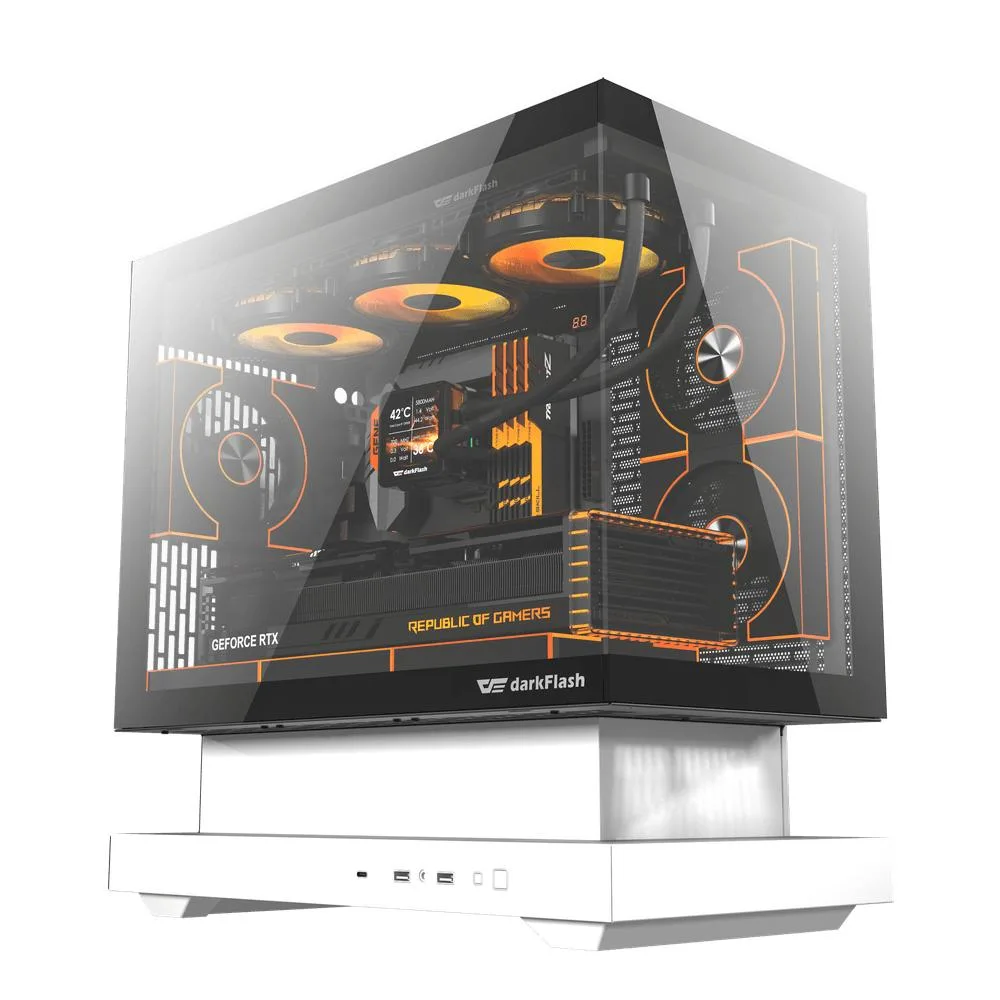 White Micro ATX mid tower with floating base, tempered glass side panel and open airflow design