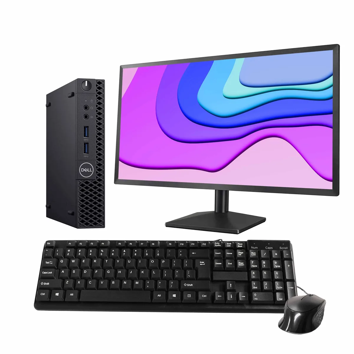 Black Dell OptiPlex 3070 Mini PC with 24 inch monitor keyboard and mouse