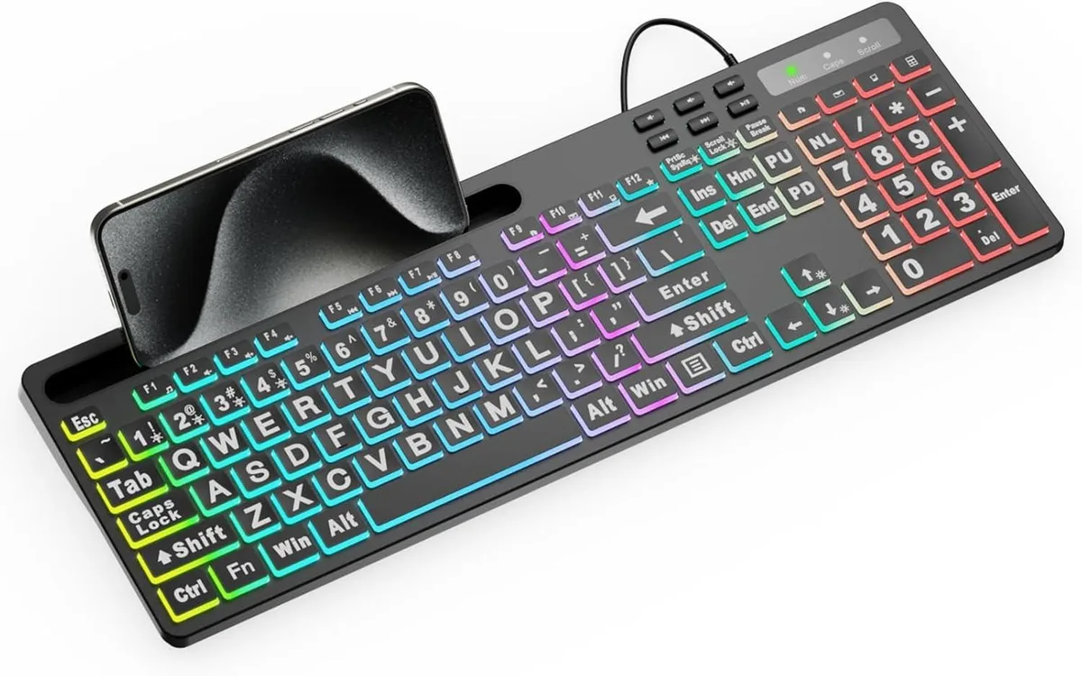 Full-size wired keyboard with large-print keycaps, RGB backlighting, and an 8.3 inch tablet holder