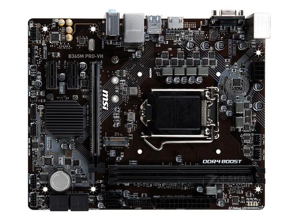 Green micro-ATX board with silver heatsinks, black slots and rear I/O shield