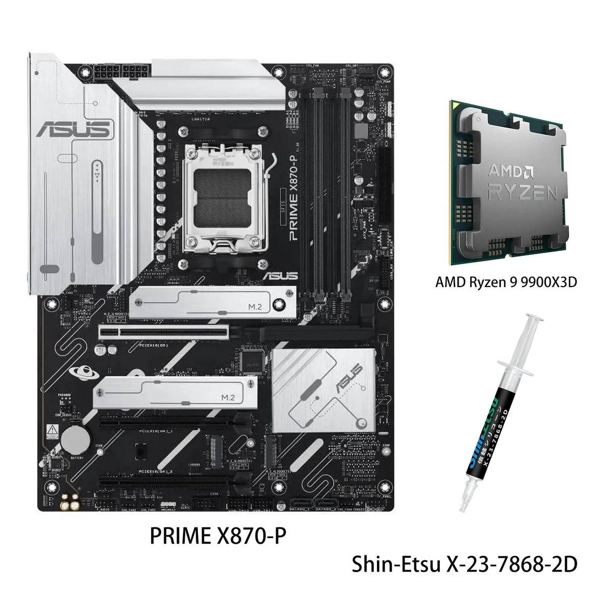 ASUS PRIME X870-P motherboard with Ryzen 9 9900X3D CPU installed, ATX form factor, black finish