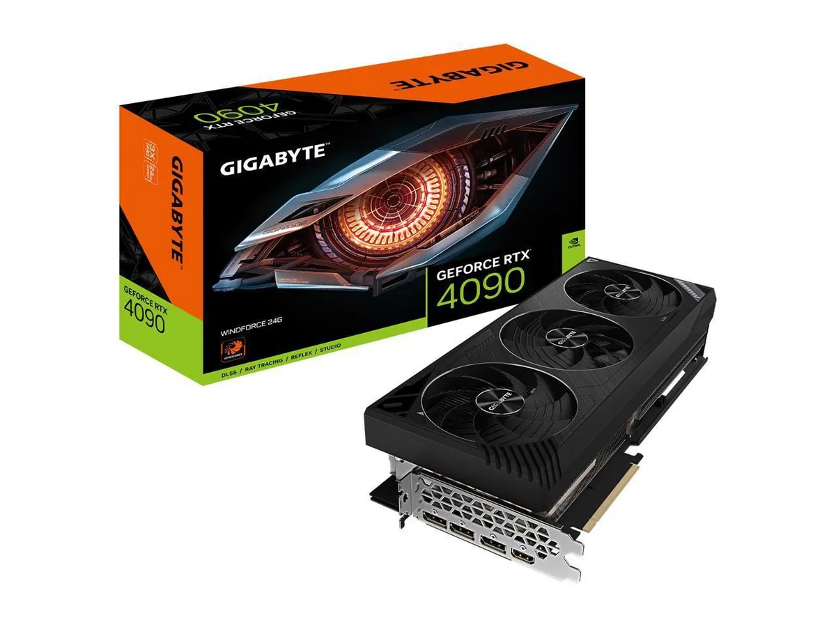 Triple-fan graphics card in dark metal finish with large heatsink visible through vents
