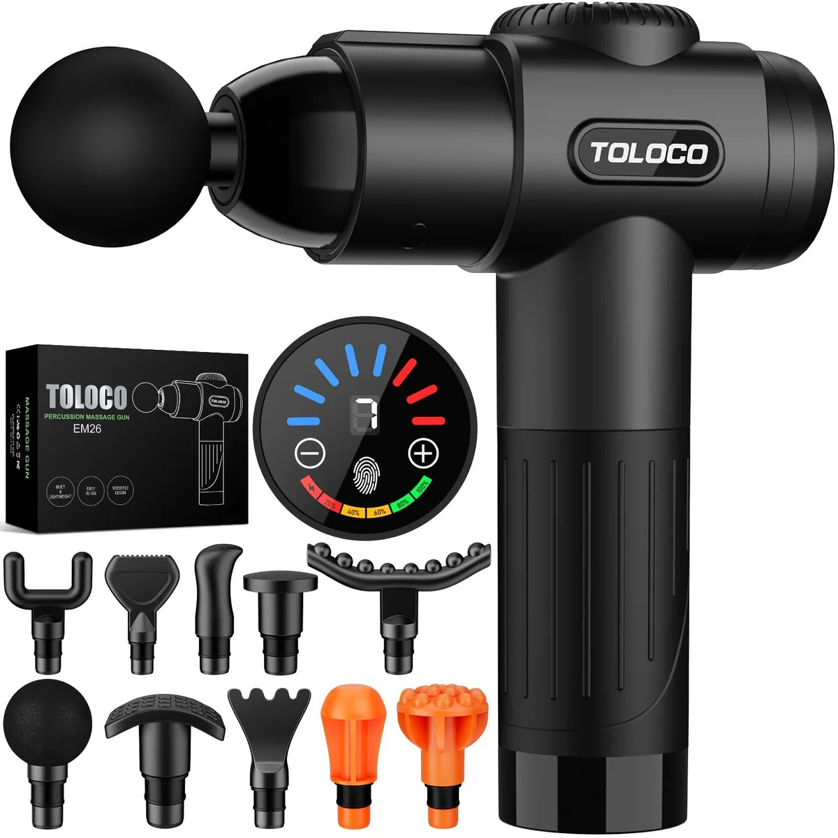 TOLOCO EM26 Massage Gun 10 Heads 12mm 3200rpm 40-50dB — produkto nuotrauka
