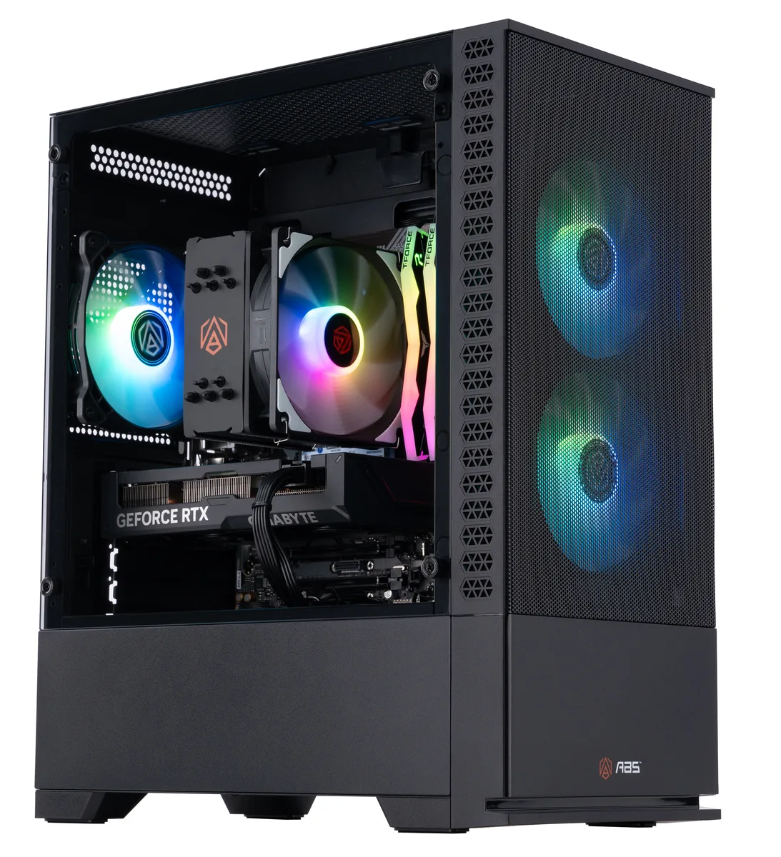 Black mATX tower with RGB memory and air cooler visible through side panel