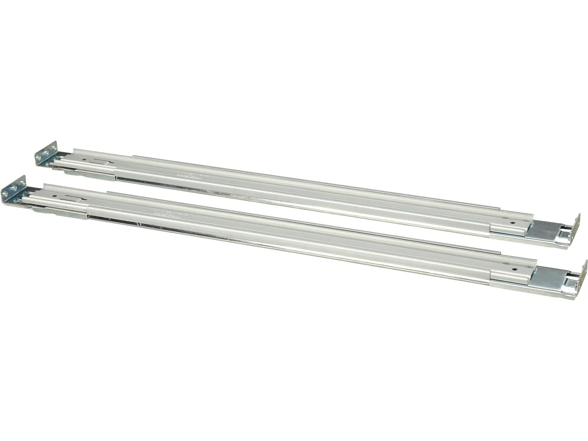 Two silver metal rails with mounting brackets and sliding mechanism, rectangular shape, brushed finish