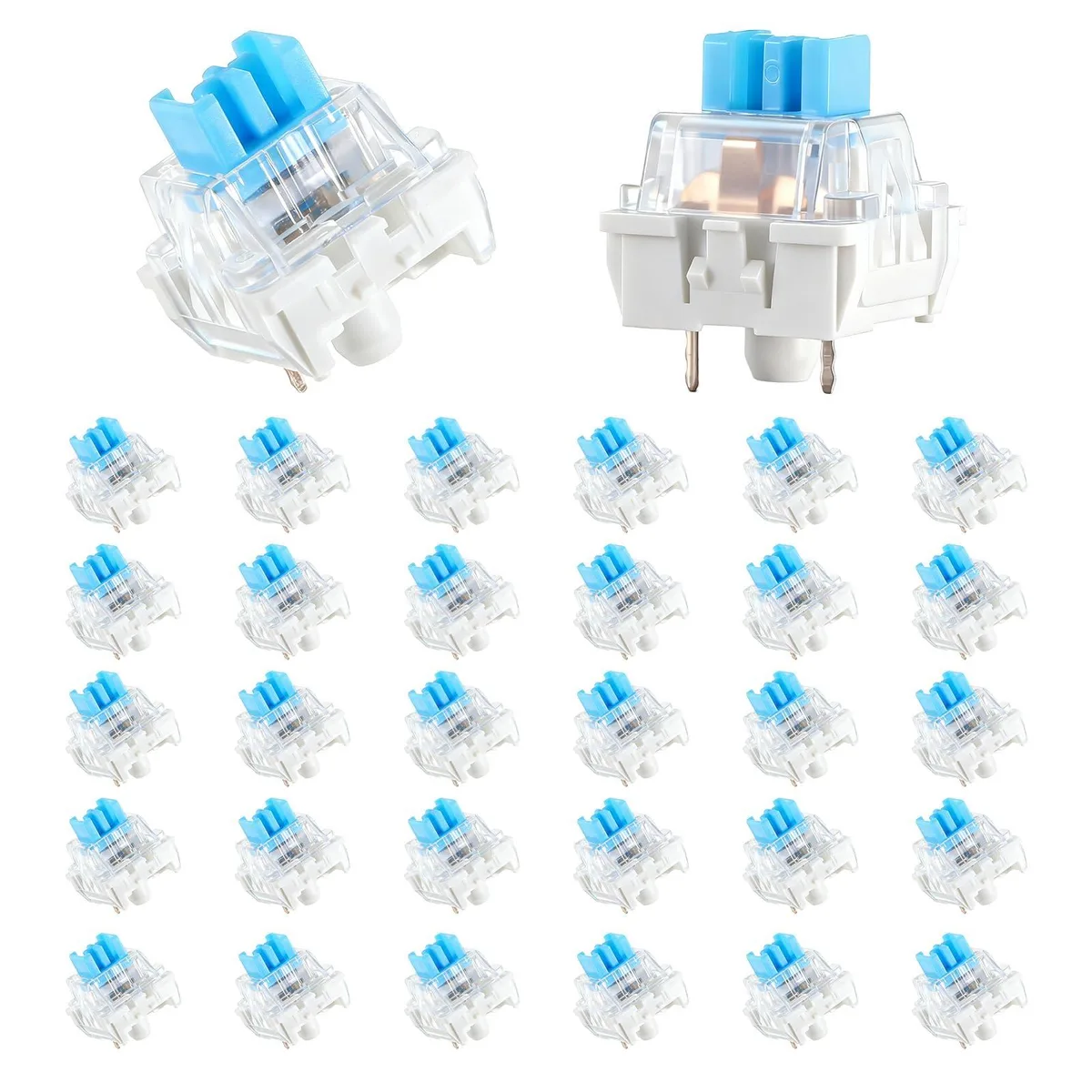 Thirty small blue mechanical keyboard switches with clear plastic housings and copper contacts
