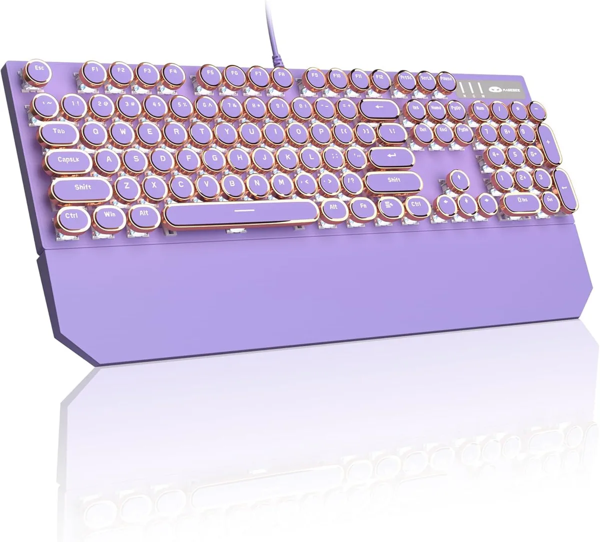 Purple full-size mechanical keyboard with round keycaps, white LED backlight, aluminium panel, magnetic wrist rest